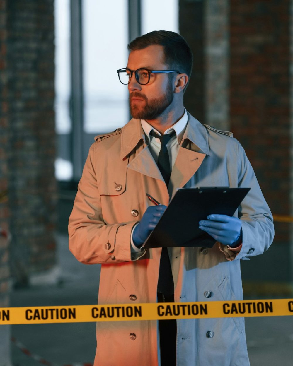 Male detective in coat is collecting evidence in a crime scene on the construction site